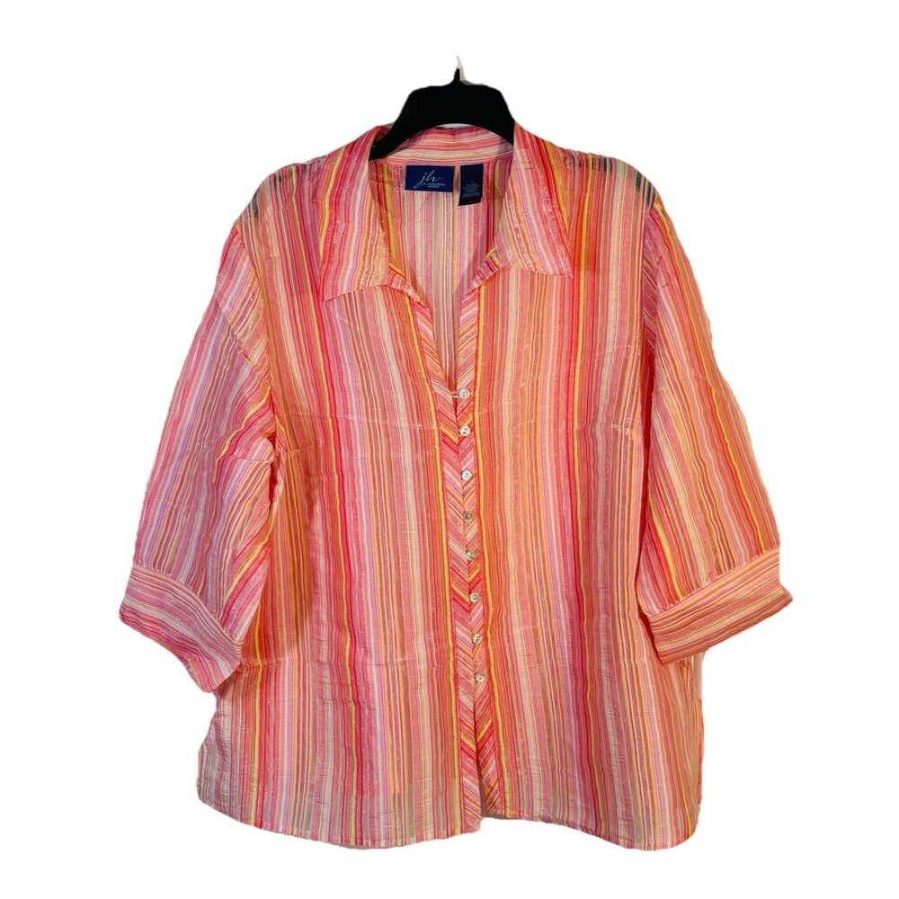 JH Collectibles Woman Sz 2X Blouse Pink Shimmer Pinstripe 3/4 Sleeve Mesh Accent